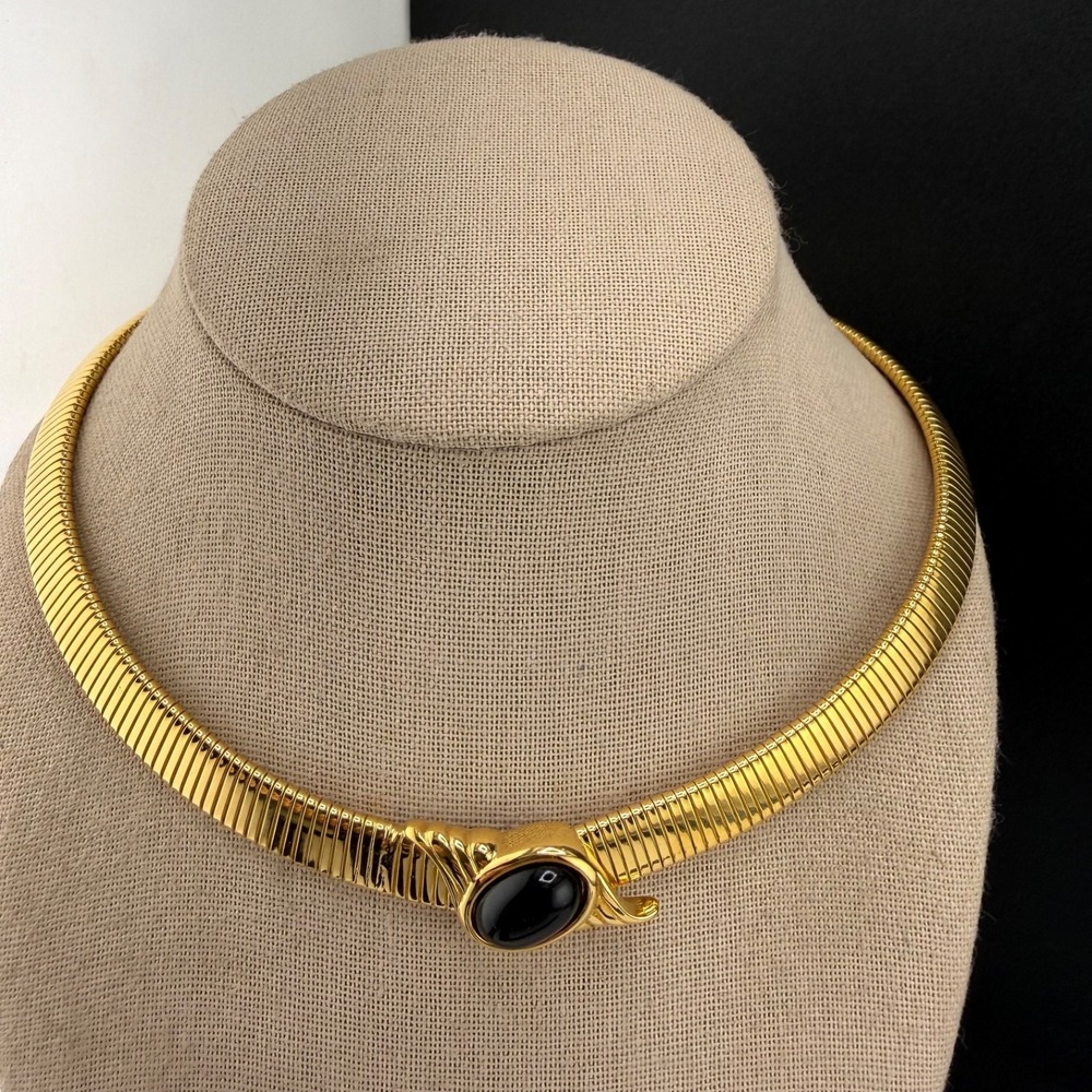 Vintage Monet Necklace Gold Tone Omega Chain Black Cabochon Statement 17in
